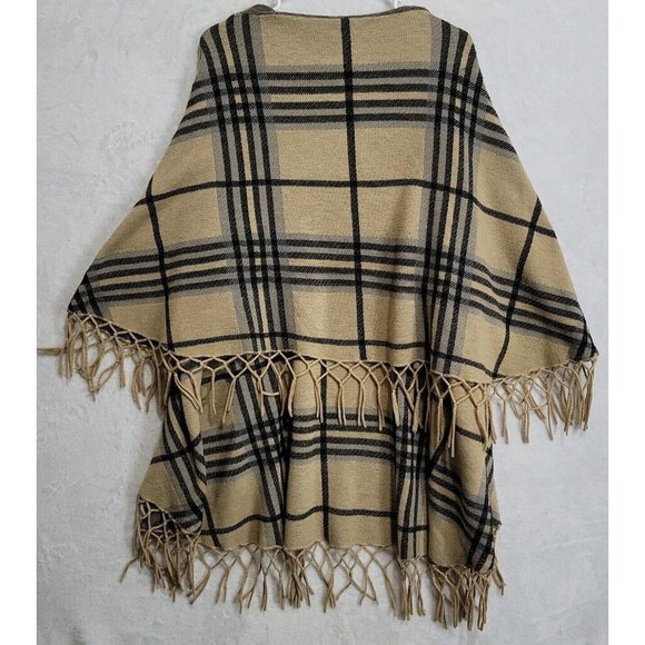 Coco Carmen Sweater Vest Wrap Cardigan Tan Gray Tartan Plaid Fringed One Size - Picture 8 of 14